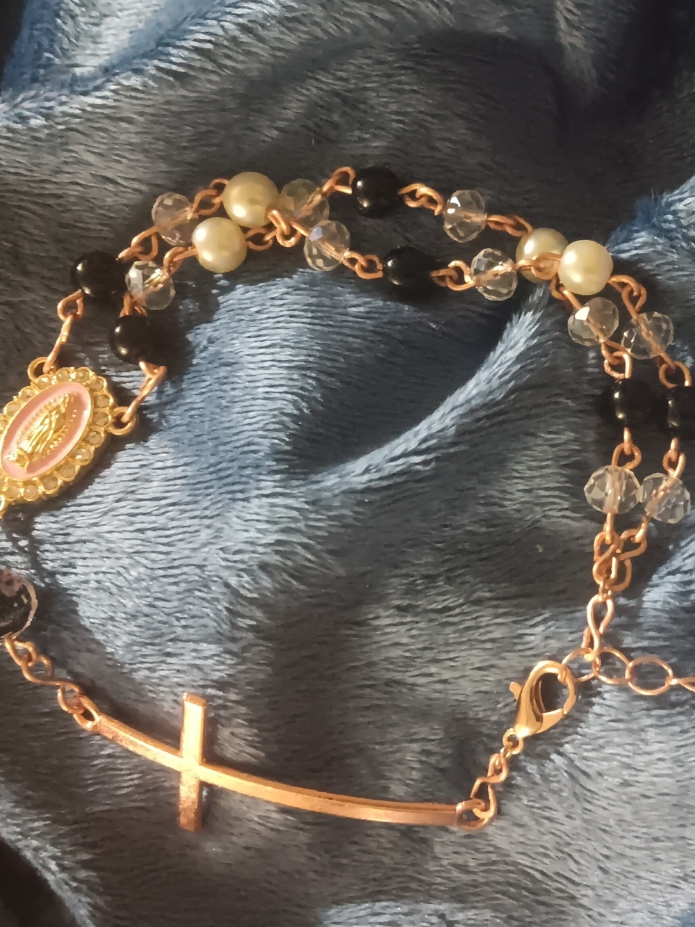 Gold-Tone Rosary-Inspired Bracelet with Pink Medal and Cross